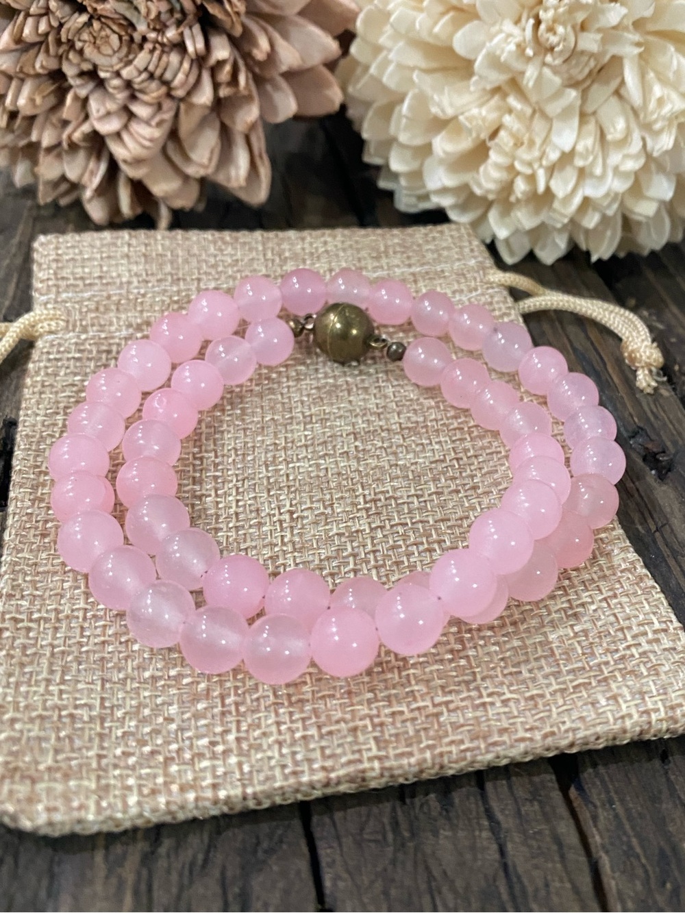 Pink Rose Quartz Beaded Necklace w/Antique Bronze Magnetic Clasp, 17.5”